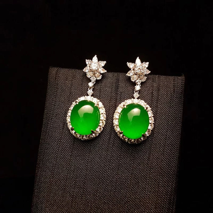 High - end full - color green jadeite cabochon earrings--ZROLMA