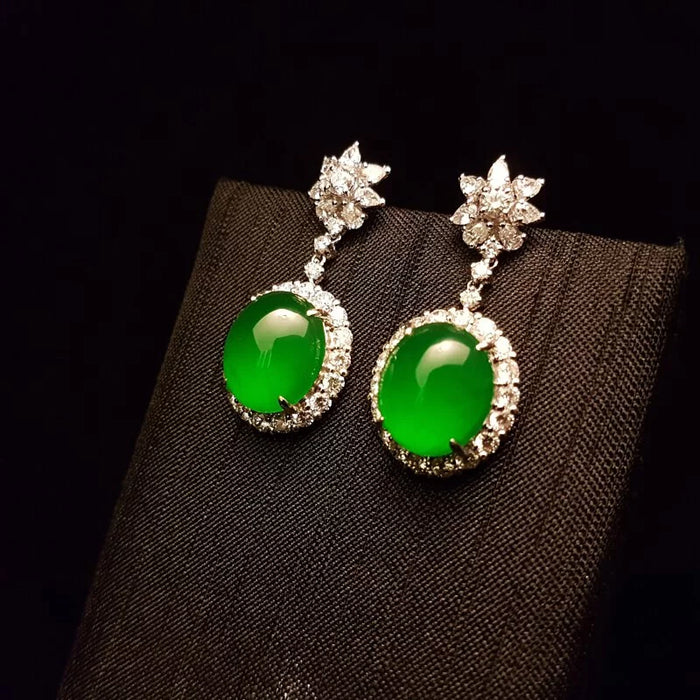 High - end full - color green jadeite cabochon earrings--ZROLMA