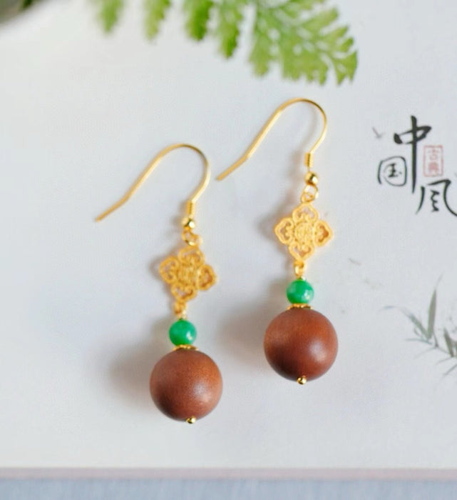 Old sandalwood and jade green bead ear hooks.-ZROLMA(ES2024925001)