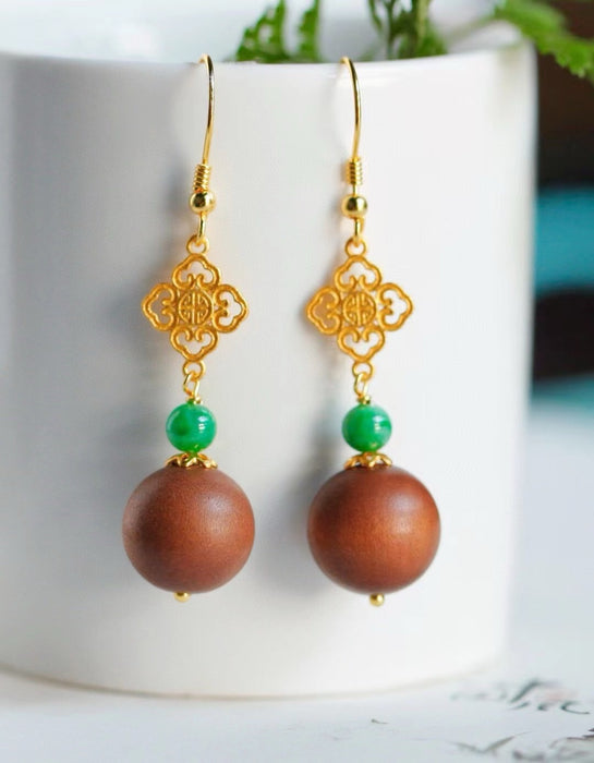 Old sandalwood and jade green bead ear hooks.-ZROLMA(ES2024925001)