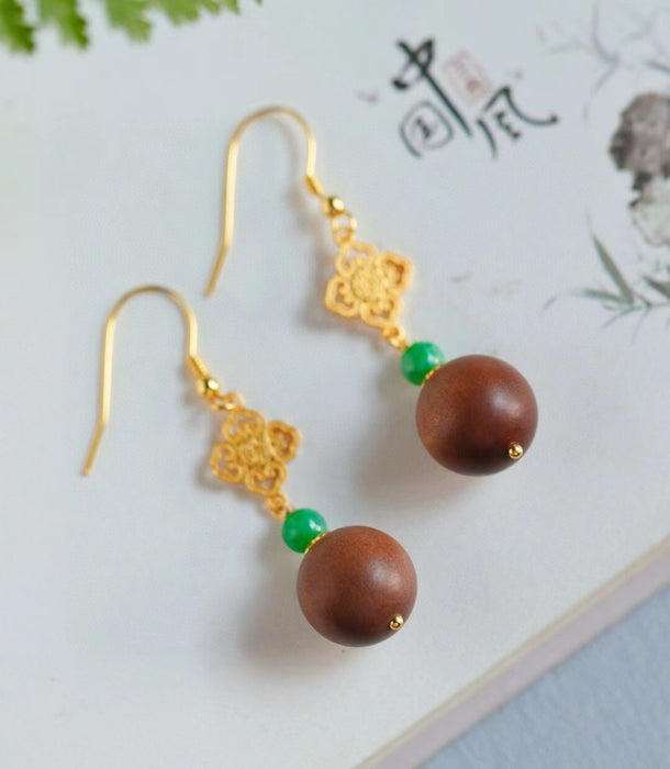 Old sandalwood and jade green bead ear hooks.-ZROLMA(ES2024925001)