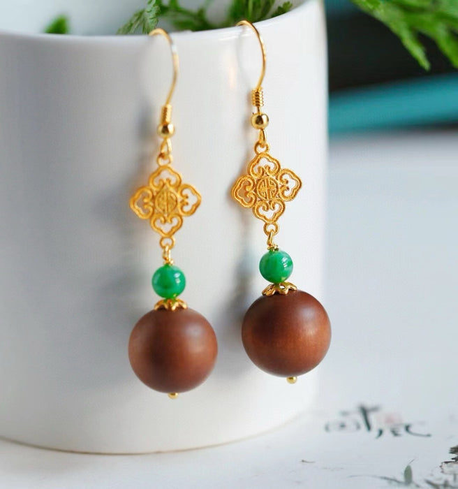 Old sandalwood and jade green bead ear hooks.-ZROLMA(ES2024925001)