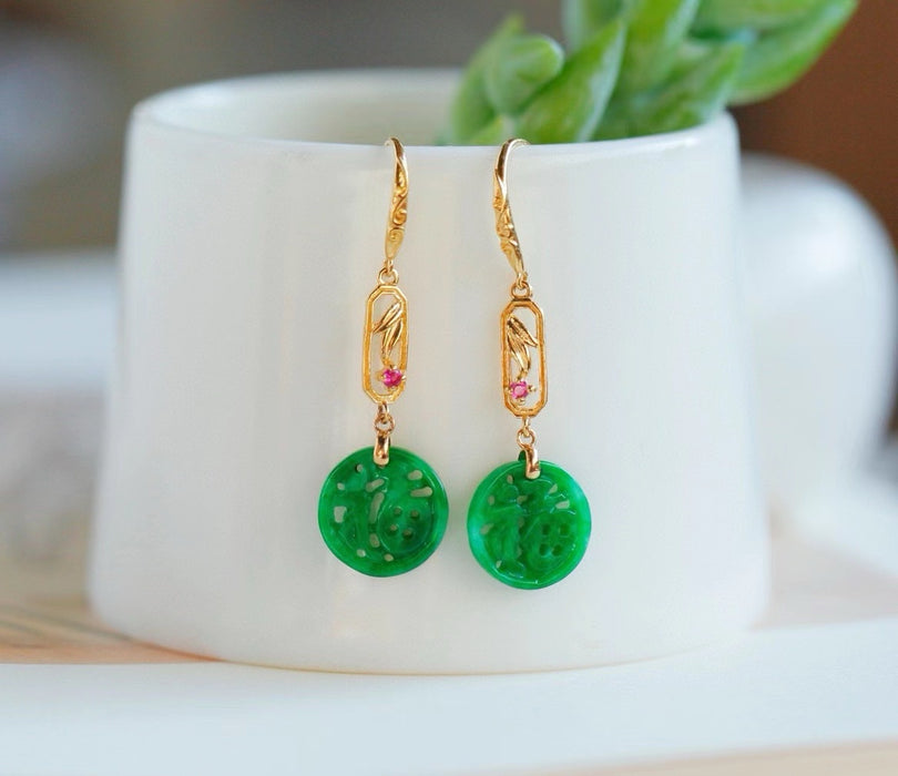 18K gold inlaid spicy green jadeite bamboo and "Fu" ear hooks-ZROLMA(ES2024924001)