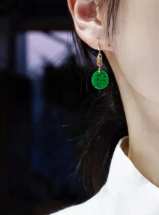 18K gold inlaid spicy green jadeite bamboo and "Fu" ear hooks-ZROLMA(ES2024924001)