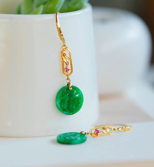 18K gold inlaid spicy green jadeite bamboo and "Fu" ear hooks-ZROLMA(ES2024924001)