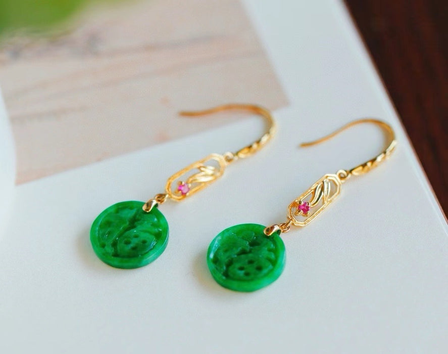 18K gold inlaid spicy green jadeite bamboo and "Fu" ear hooks-ZROLMA(ES2024924001)