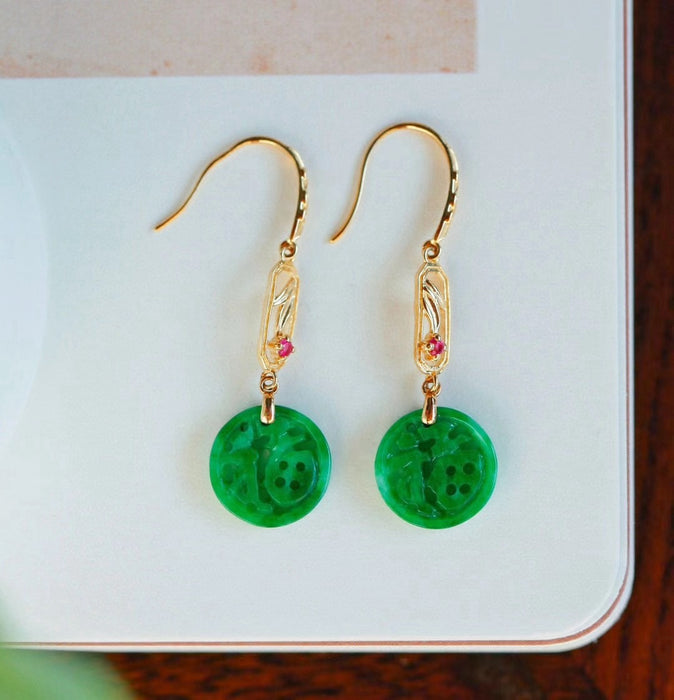 18K gold inlaid spicy green jadeite bamboo and "Fu" ear hooks-ZROLMA(ES2024924001)