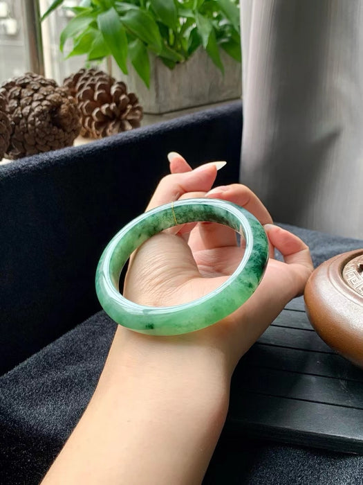 Jadeite bangle with fruit green background and golden silk green flower patterns-ZROLMA(SZ2024923001)