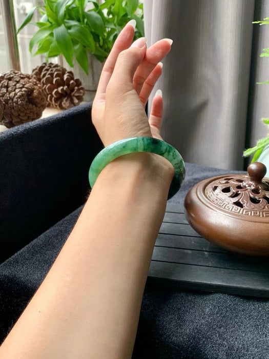 Jadeite bangle with fruit green background and golden silk green flower patterns-ZROLMA(SZ2024923001)